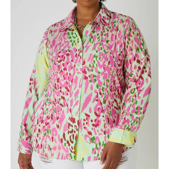 Size 16 Tall/Long Length | Women’s Pink-Green Animal Print Collared Shirt | NWT - Picture 1 of 4